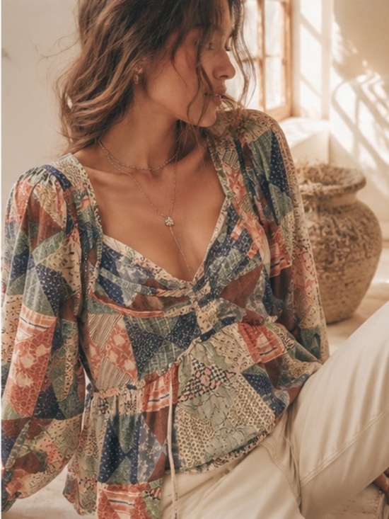 American Eagle Outfitters Tops - American Eagle Patchwork Cotton Babydoll Peplum Blouse Cottagecore Boho M